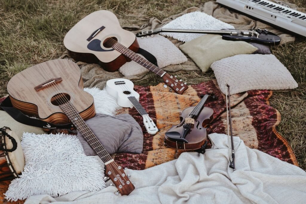 Still life of musical instruments arranged outdoors on blankets and pillows.