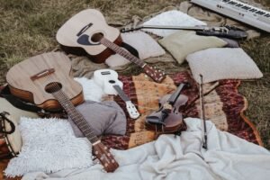 Still life of musical instruments arranged outdoors on blankets and pillows.